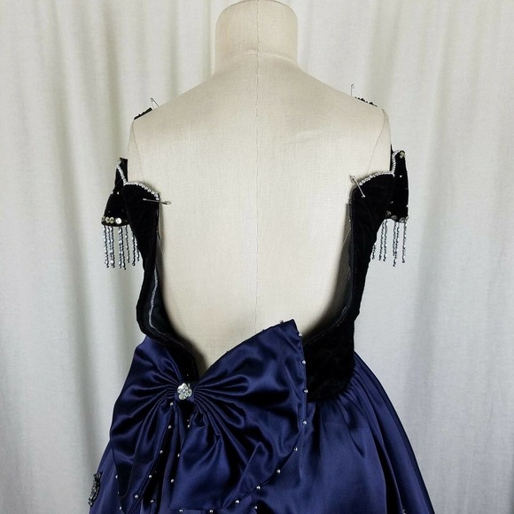 Vintage Navy Blue Velvet Chiffon Jeweled Prom Pageant Dress Junior 2XL Womens XS - Picture 7 of 10